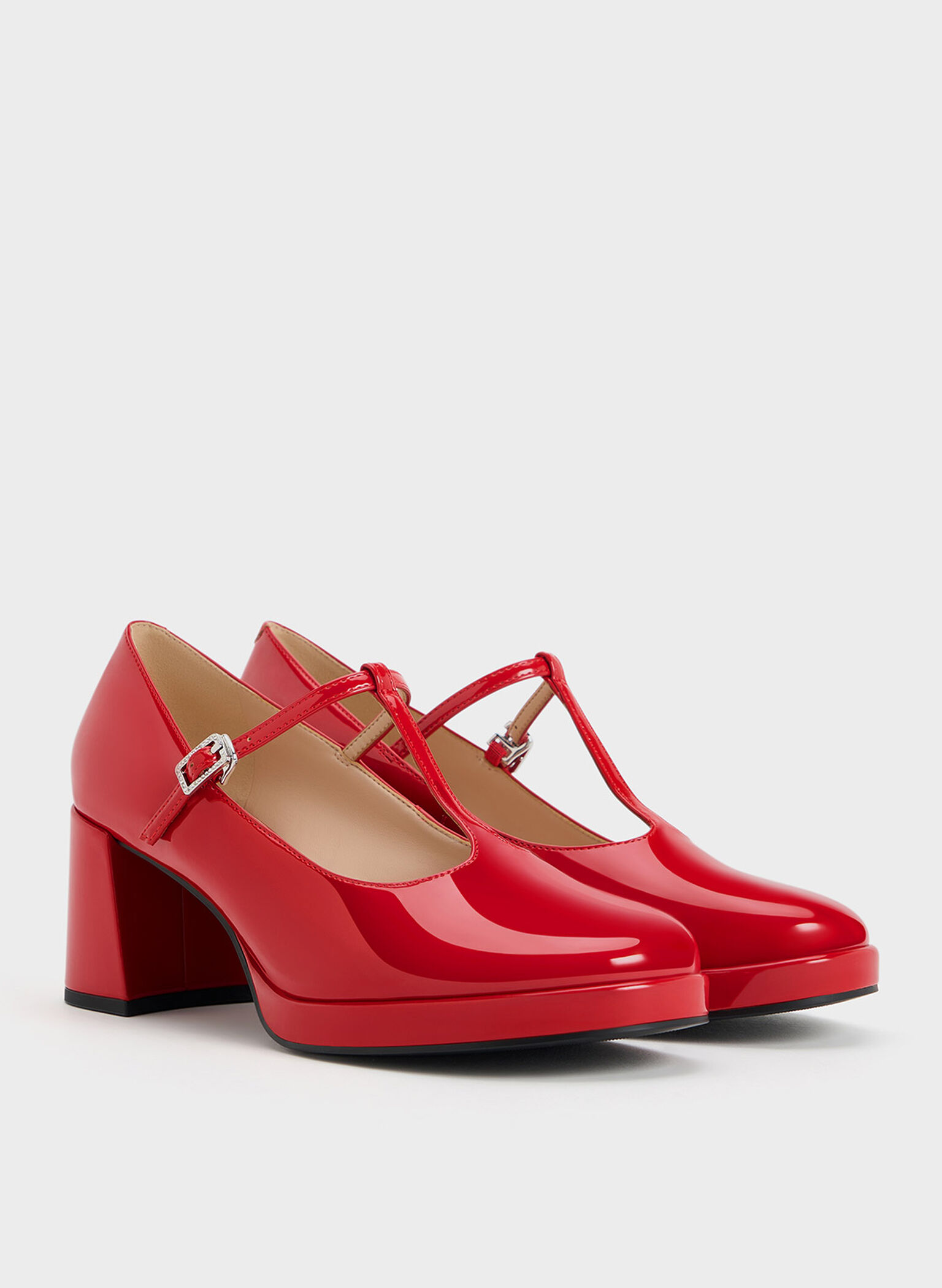 Crystal-Buckle T-Bar Mary Jane Pumps, Red, hi-res