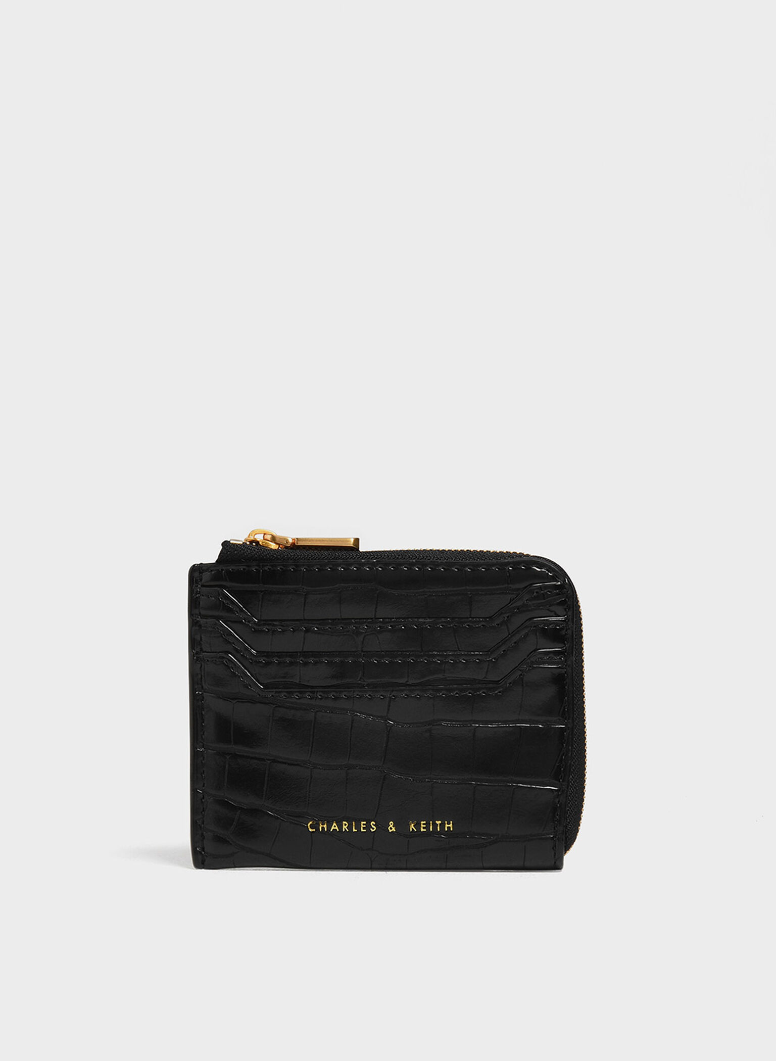 Croc-Embossed Zip-Around Cardholder, Black, hi-res
