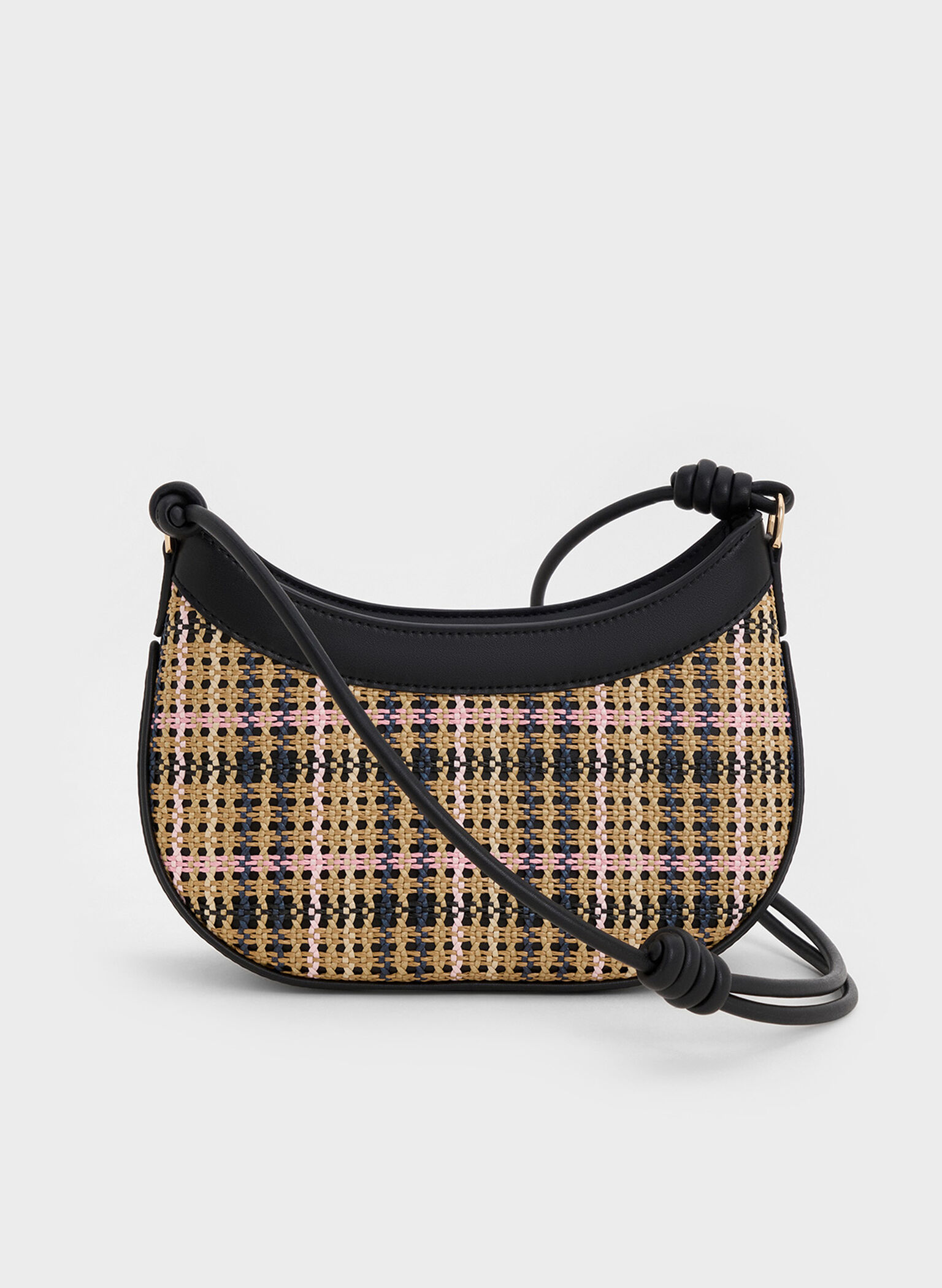 Sabine Tartan Knotted-Strap Curved Shoulder Bag, Tartan Straw, hi-res