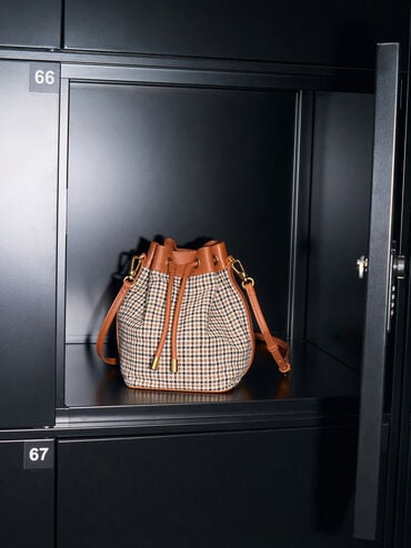 Checkered Drawstring Bucket Bag, Cognac, hi-res