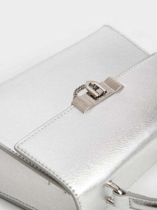 Tallulah Metallic Trapeze Top Handle Bag, Silver, hi-res