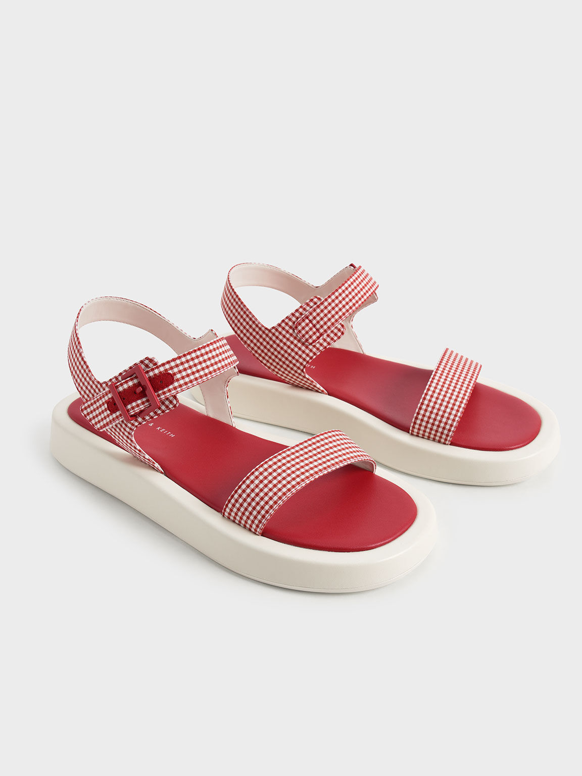 Check-Print Buckled Ankle Strap Flatform Sandals, Red, hi-res