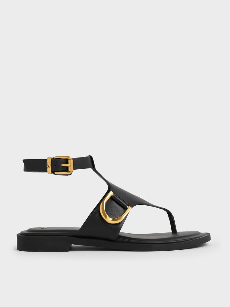 Gabine Leather Ankle-Strap Thong Sandals, Black, hi-res