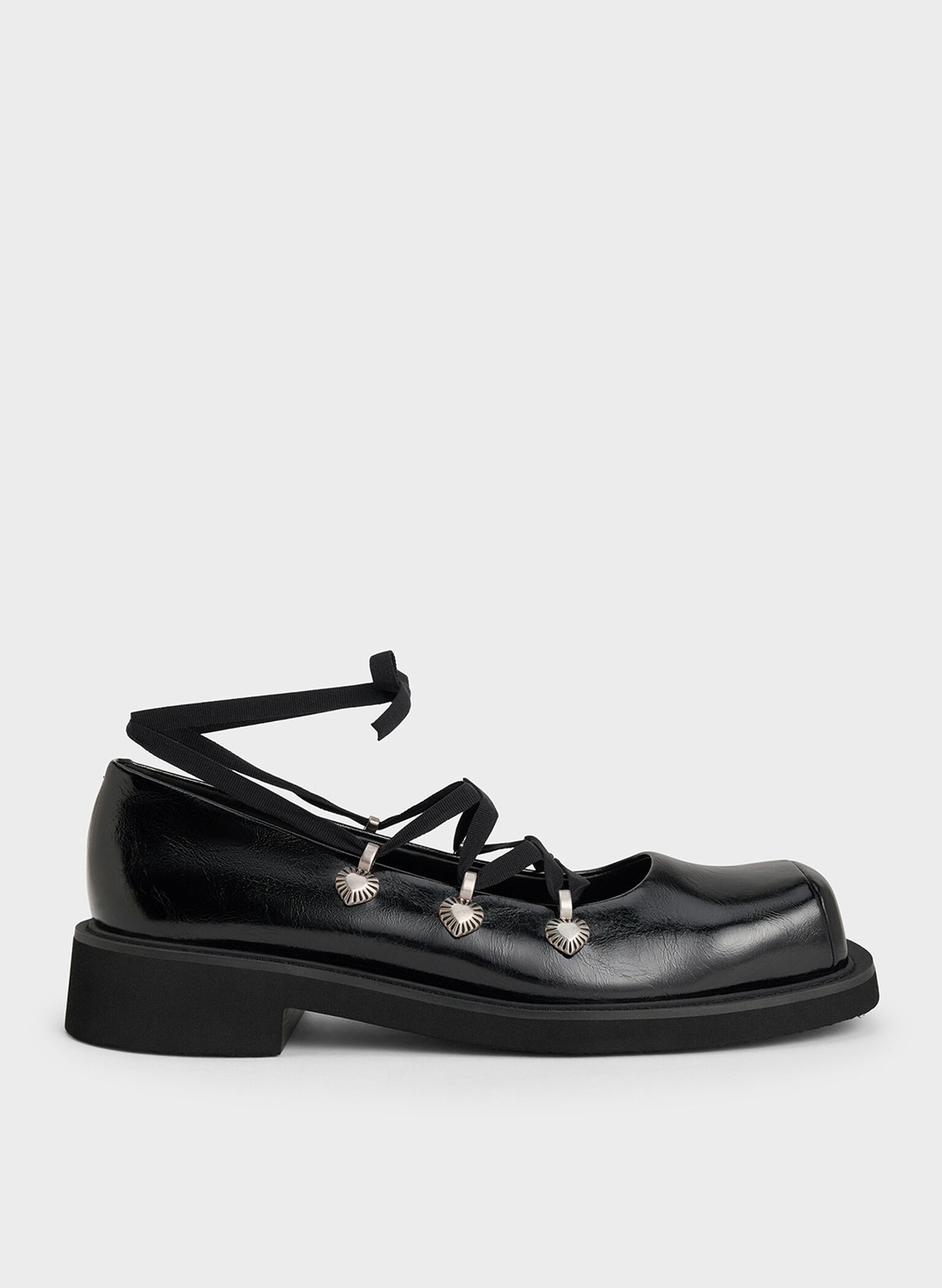 Heart-Embellished Lace-Up Ballet Flats, Black, hi-res