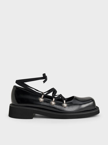 Heart-Embellished Lace-Up Ballet Flats, Black, hi-res