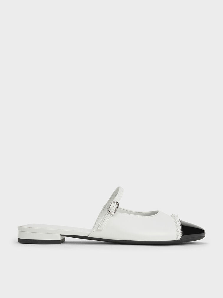 Pearl-Embellished Cap-Toe Flat Mules, White, hi-res
