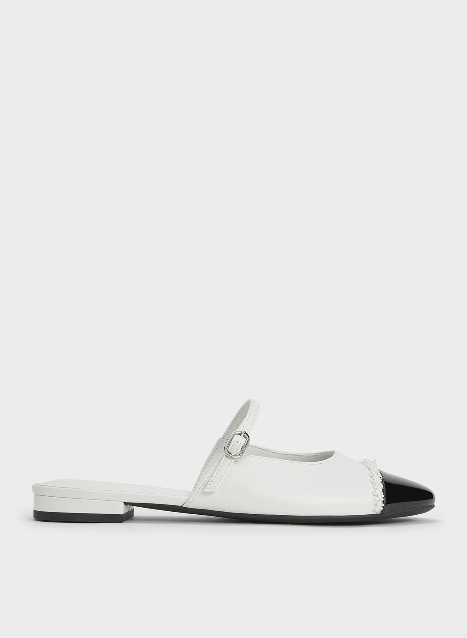 Pearl-Embellished Cap-Toe Flat Mules, White, hi-res