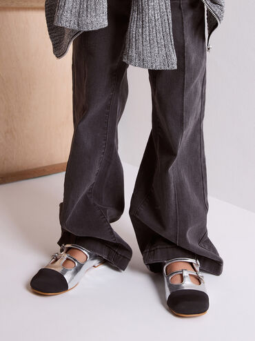 Girls' Metallic Double-Strap Two-Tone Mary Janes, Silver, hi-res
