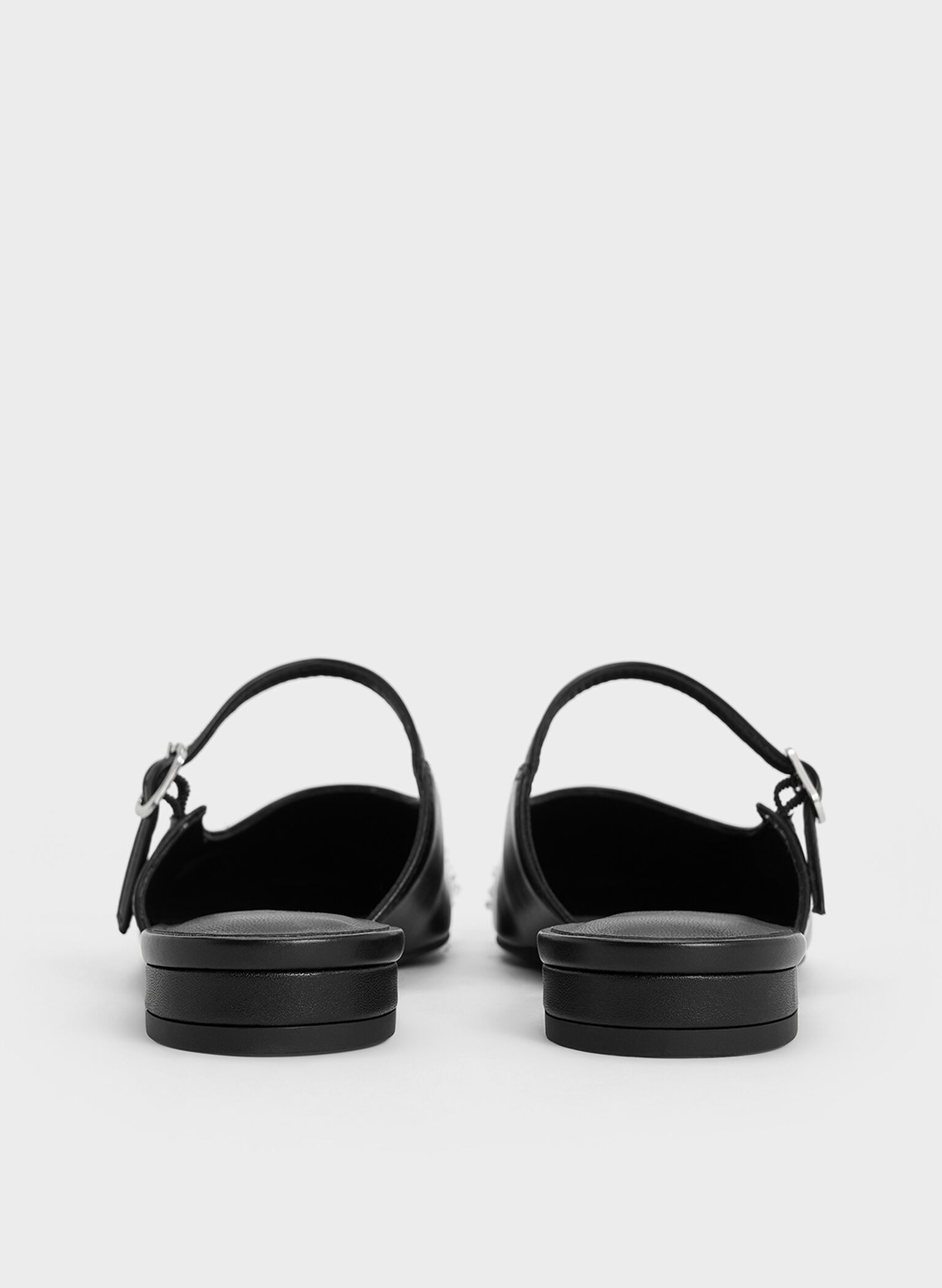 Pearl-Embellished Cap-Toe Flat Mules, Black, hi-res