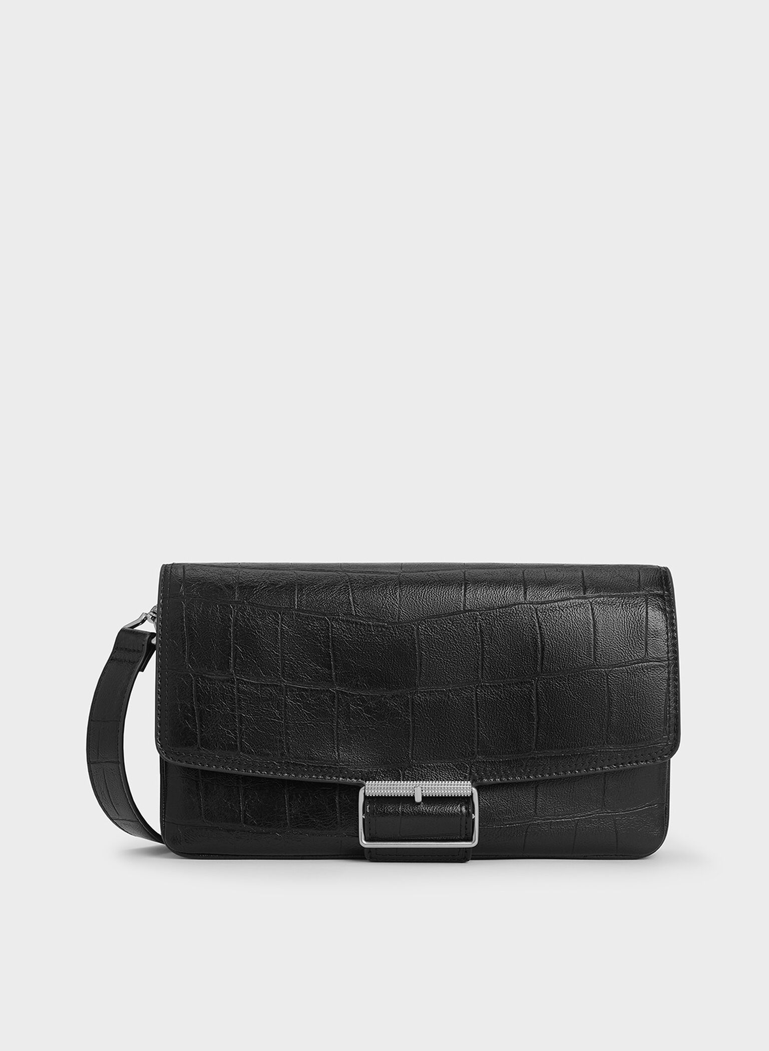 Liv Croc-Effect Grommet Chain-Handle Shoulder Bag, Noir, hi-res
