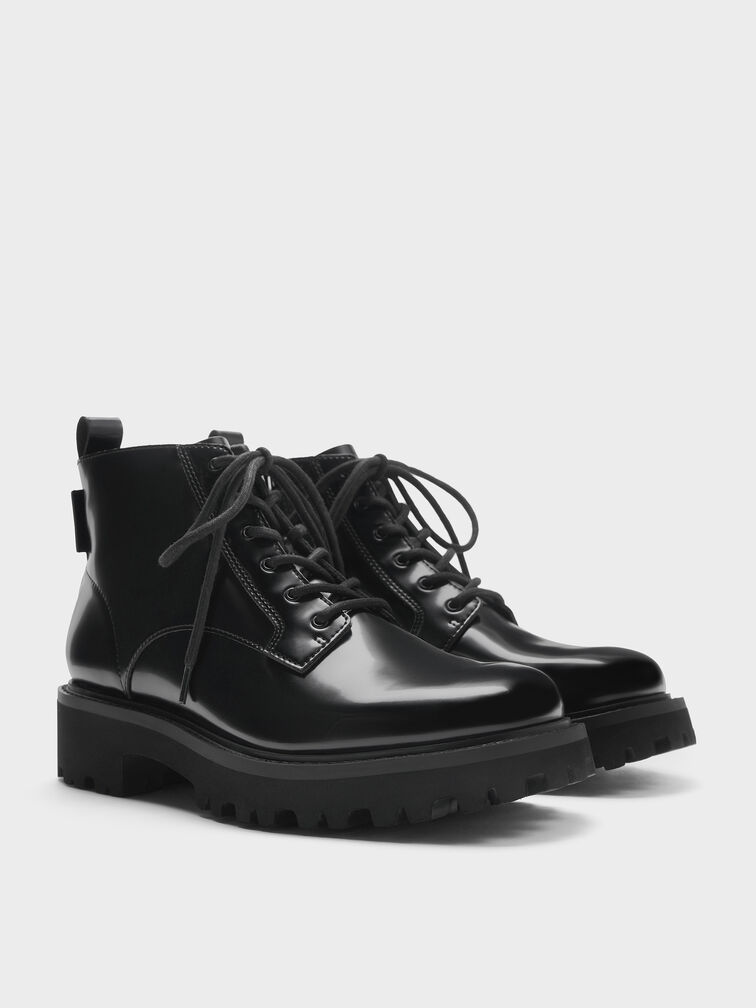 Ridged-Sole Side-Zip Combat Boots, Black Box, hi-res