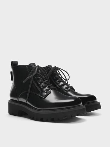 Ridged-Sole Side-Zip Combat Boots, Black Box, hi-res