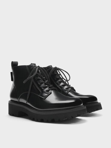 Ridged-Sole Side-Zip Combat Boots, Black Box, hi-res