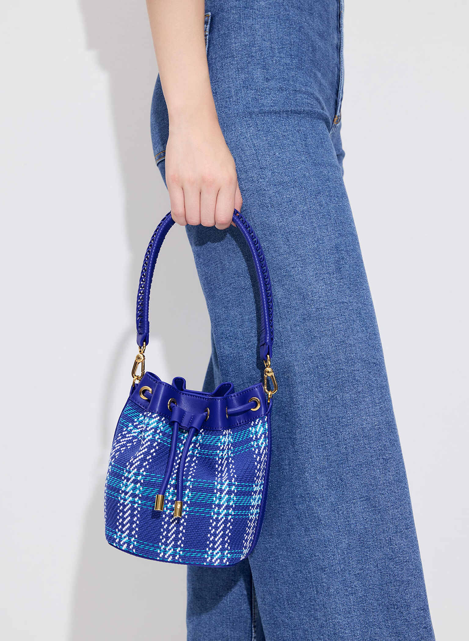 Tweed Braided-Handle Drawstring Bucket Bag, Cobalt, hi-res