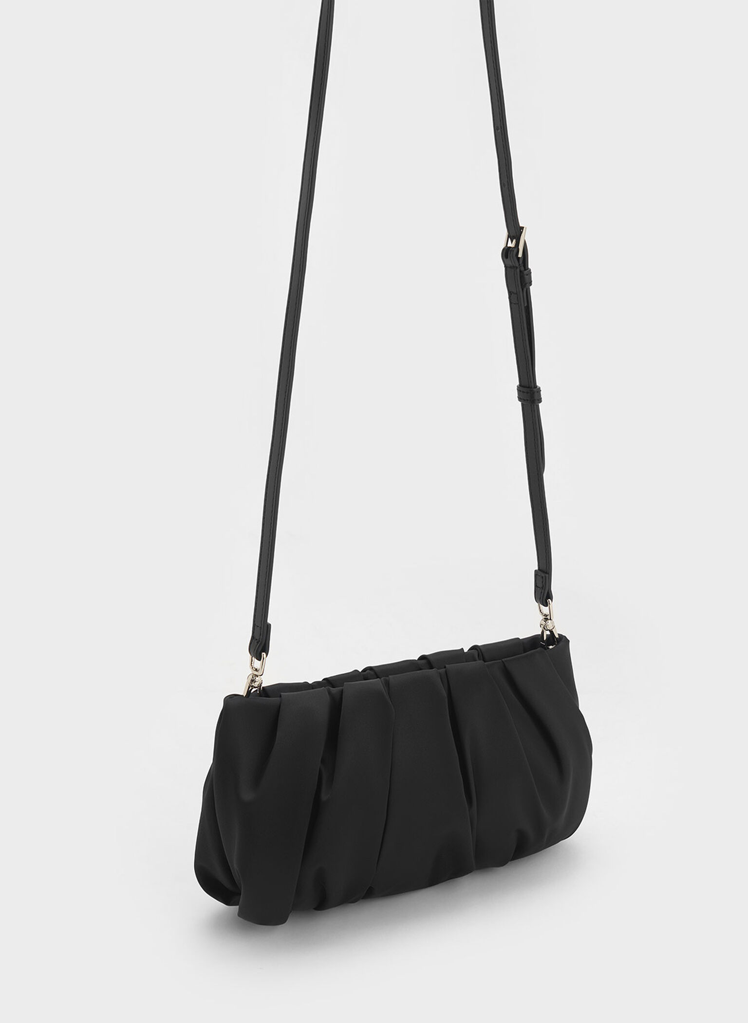 Satin Ruched Bead-Handle Bag, Noir, hi-res