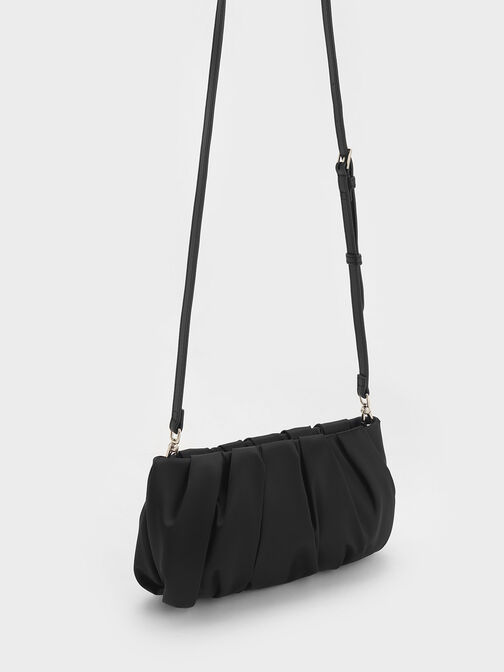 Satin Ruched Bead-Handle Bag, Noir, hi-res