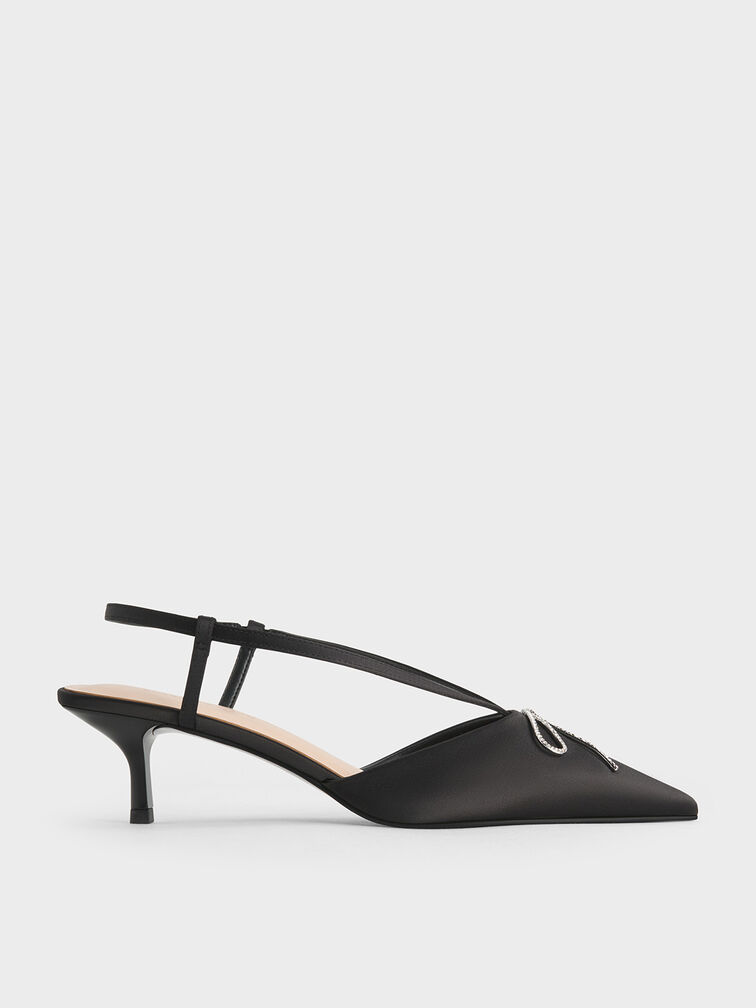 Recycled Polyester Crystal-Bow Kitten-Heel Slingback Pumps, Black Textured, hi-res