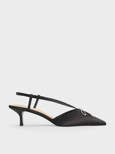 Recycled Polyester Crystal-Bow Kitten-Heel Slingback Pumps, Black Textured, hi-res