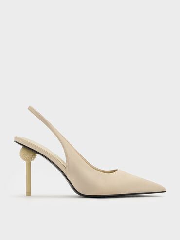 Satin Crystal-Embellished Ball-Heel Pointed-Toe Slingback Pumps, Gold, hi-res