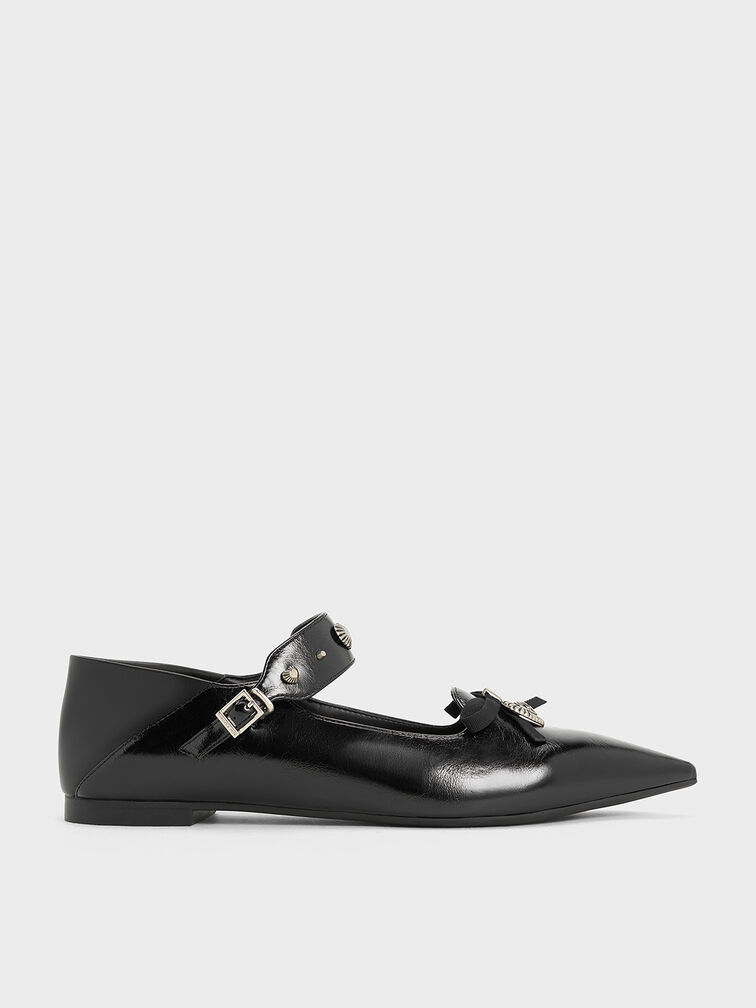 Studded Heart-Embellished Pointed-Toe Mary Janes, Black, hi-res