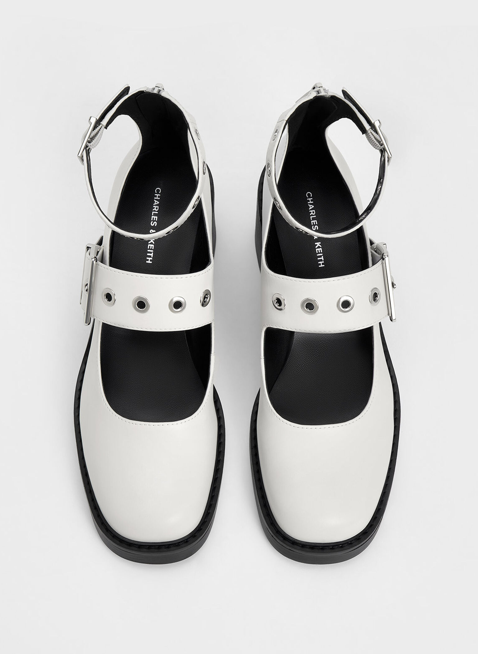 Grommet-Strap Mary Jane Pumps, White, hi-res
