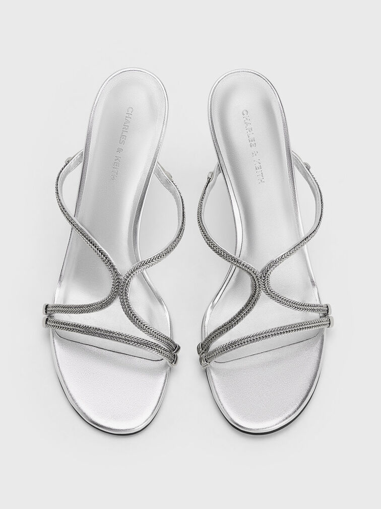 Silver Metallic Braided Strappy Heeled Mules - CHARLES & KEITH UK