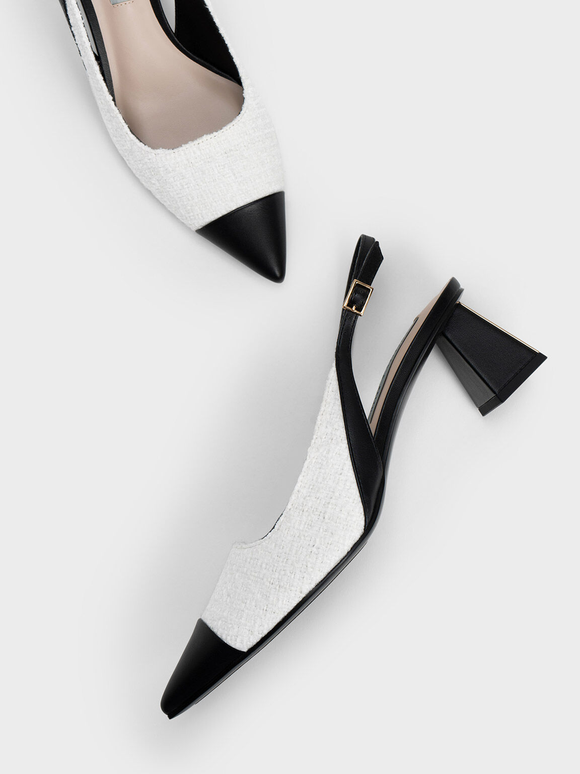 Tweed Toe Cap Slingback Pumps White