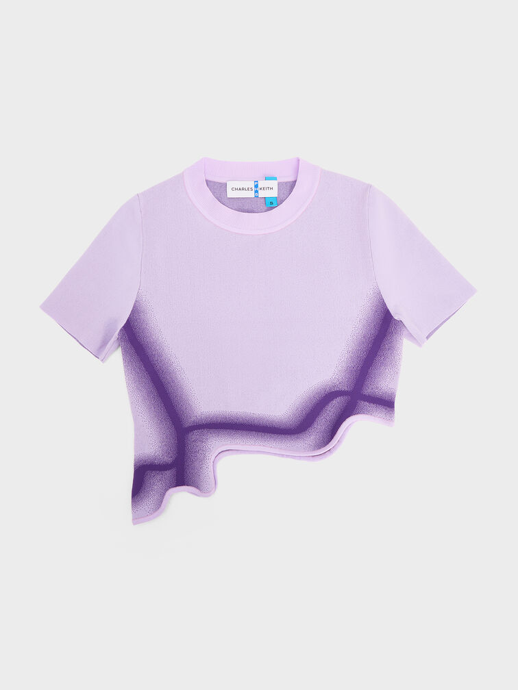 Recycled Polyester Knitted Gradient Wave-Hem Crop Top, Lilac, hi-res