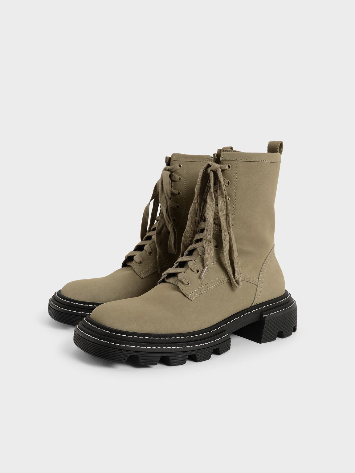 Lace-Up Chunky Ankle Boots, Olive, hi-res