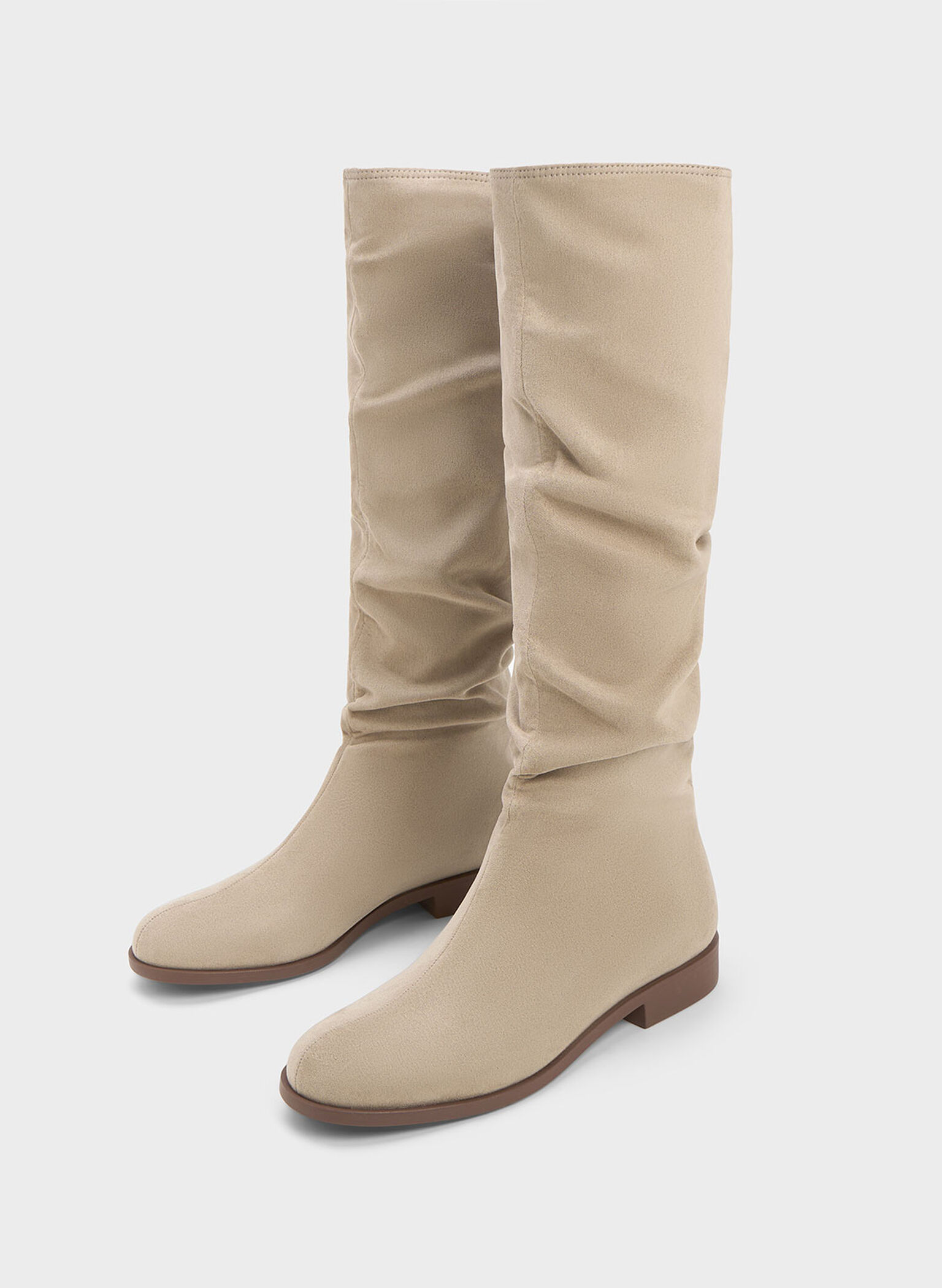 Textured Ruched Knee-High Boots, Taupe, hi-res