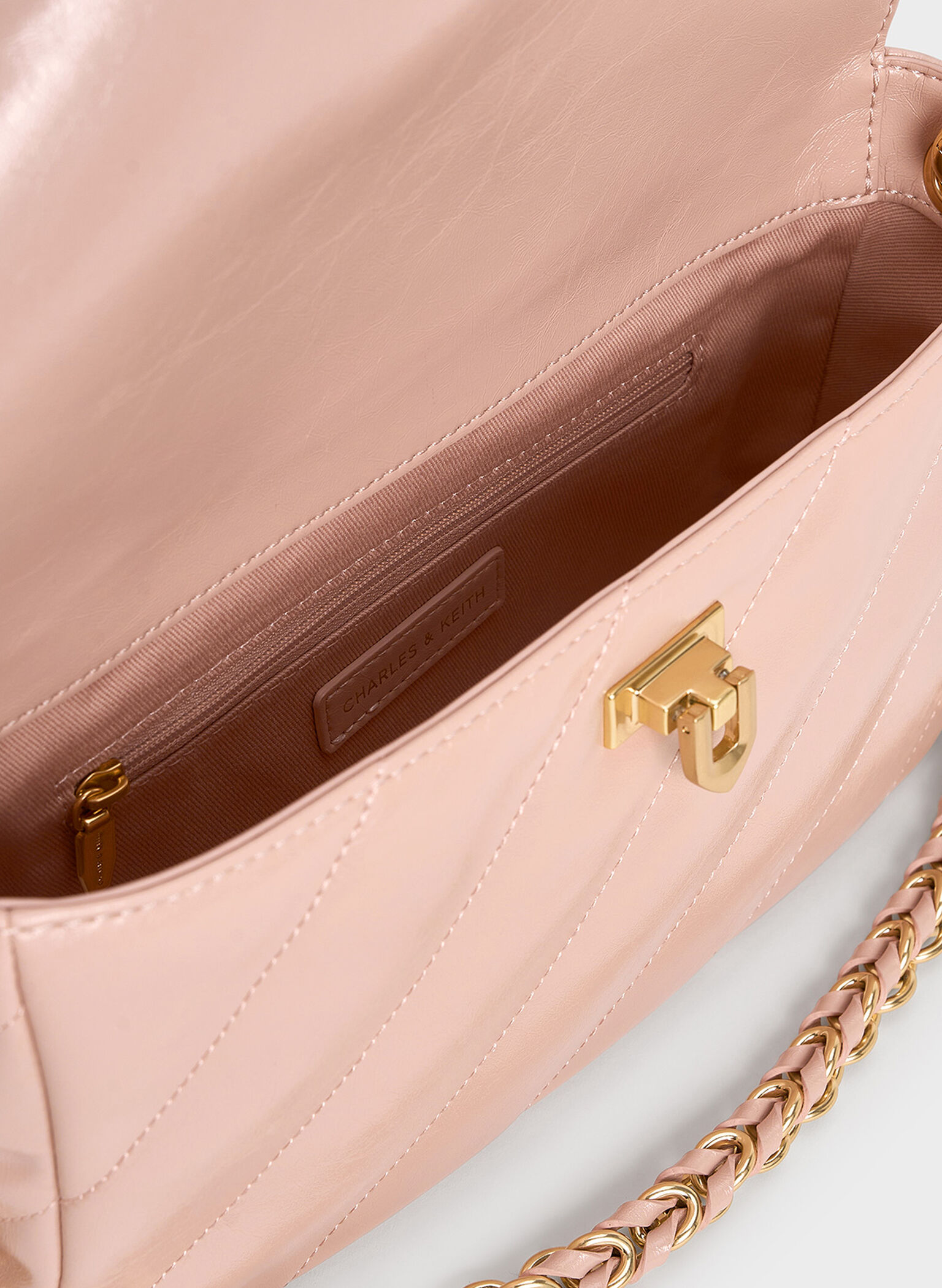 Fawn Panelled Front Flap Chain-Handle Bag, Light Pink, hi-res
