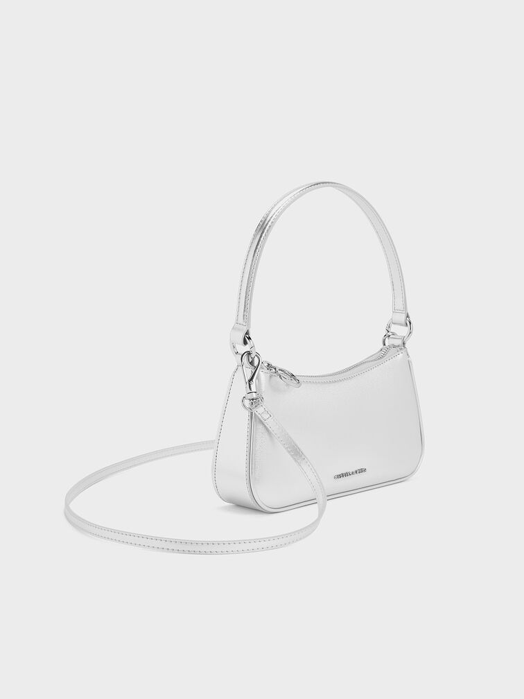 Elspeth Metallic Curved Shoulder Bag, Silver, hi-res