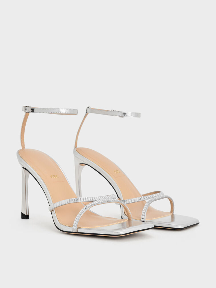 Metallic Leather & Satin Crystal-Embellished Ankle-Strap Sandals, Silver, hi-res