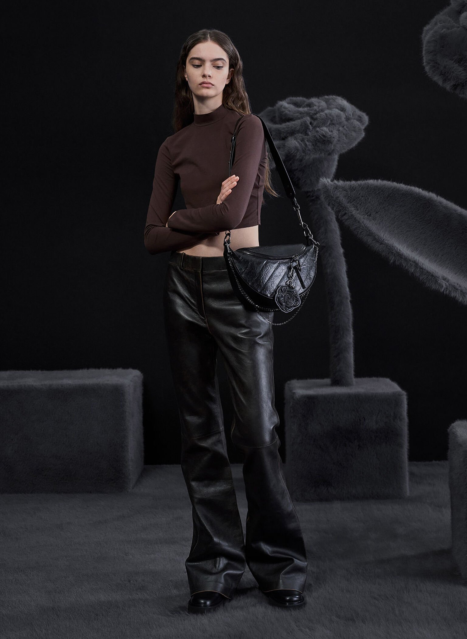 Philomena Rose-Motif Half-Moon Crossbody Bag, Noir, hi-res