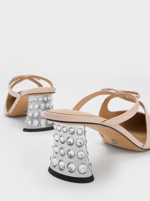 Bow Crossover Gem-Embellished Mules, Nude, hi-res