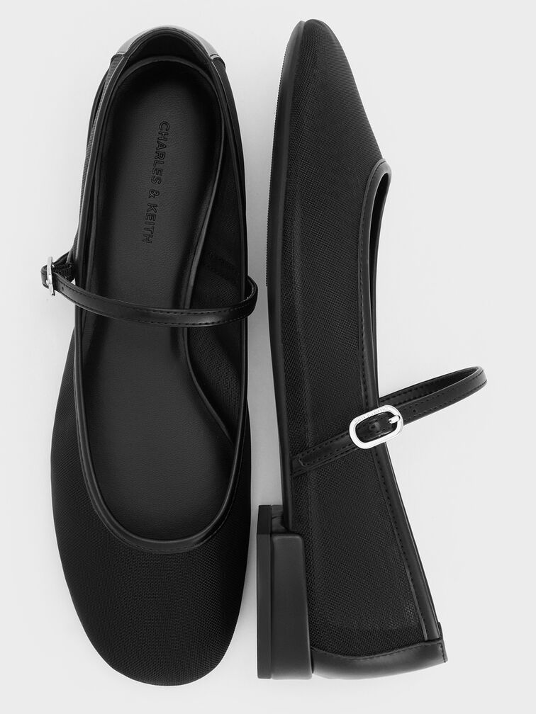 Gertrude Mesh Mary Jane Flats, Black Textured, hi-res