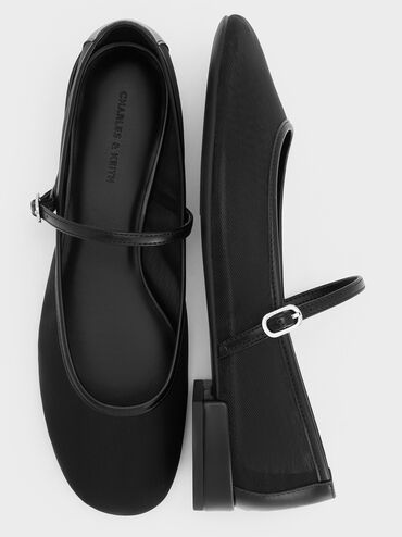 Gertrude Mesh Mary Jane Flats, Black Textured, hi-res