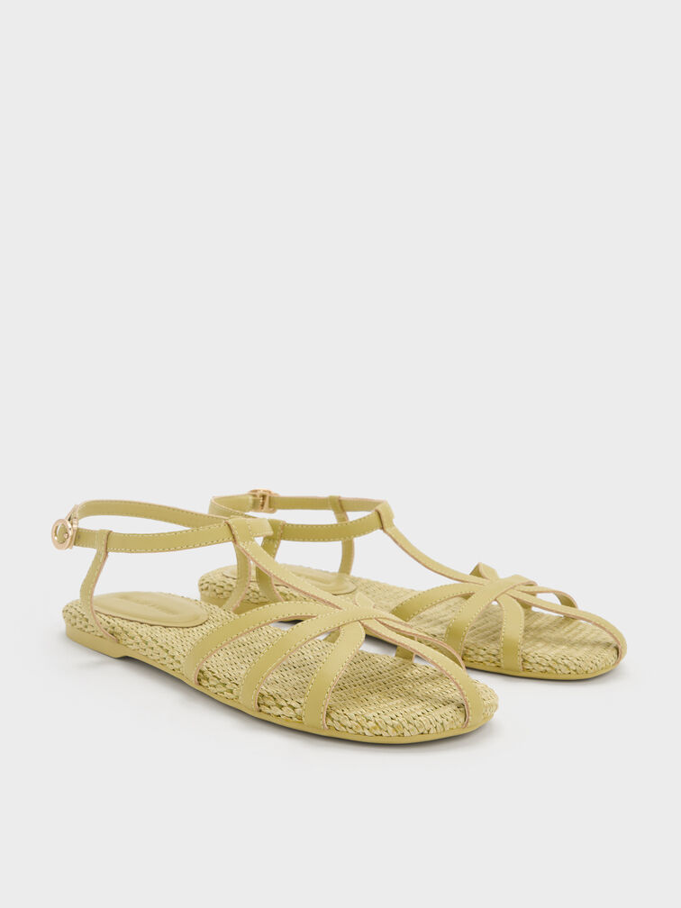 Strappy Raffia T-Bar Ankle-Strap Sandals, Olive, hi-res