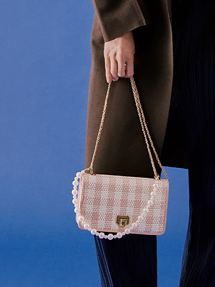 Alessia Checkered Pearl-Embellished Wallet on Chain, Light Pink, hi-res