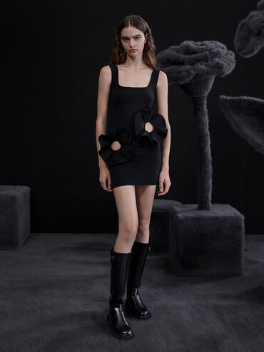Imogen Rose-Motif Chunky Knee-High Boots, Black, hi-res