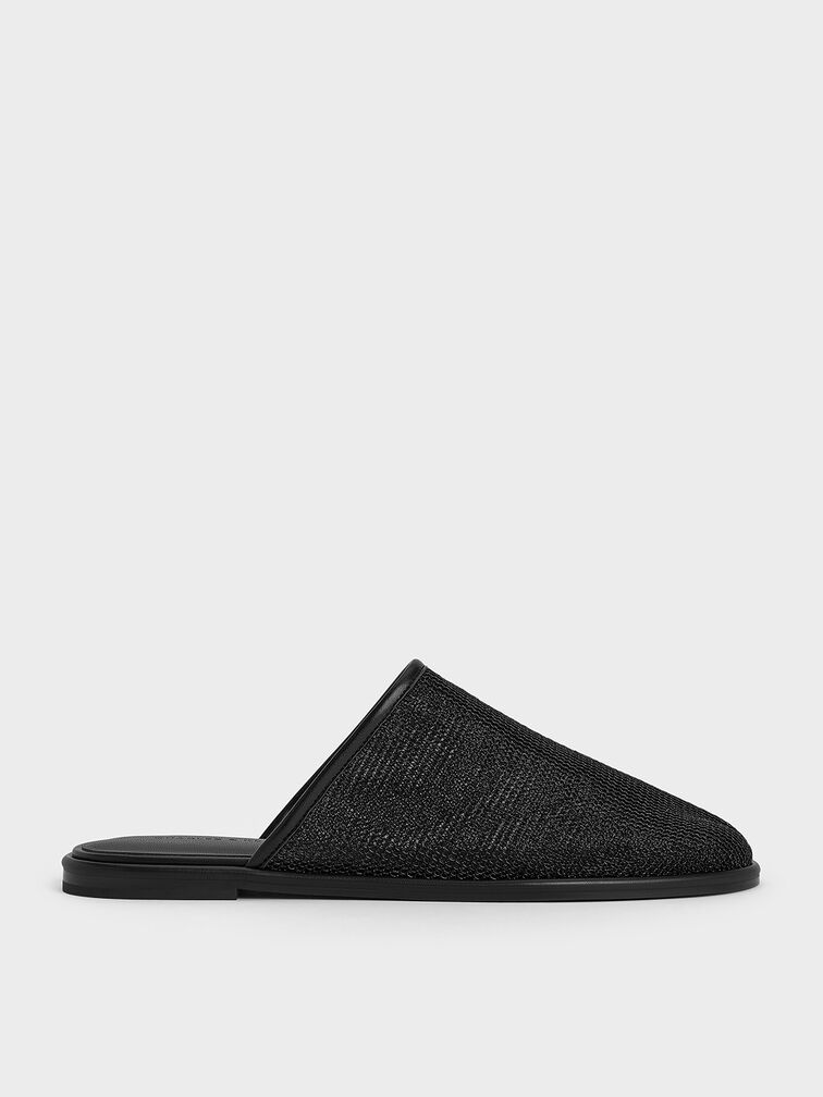 Mesh High-Vamp Flat Mules, Black Textured, hi-res