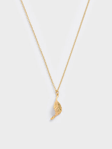 Leaf Pendant Bead Necklace, Brush Gold, hi-res