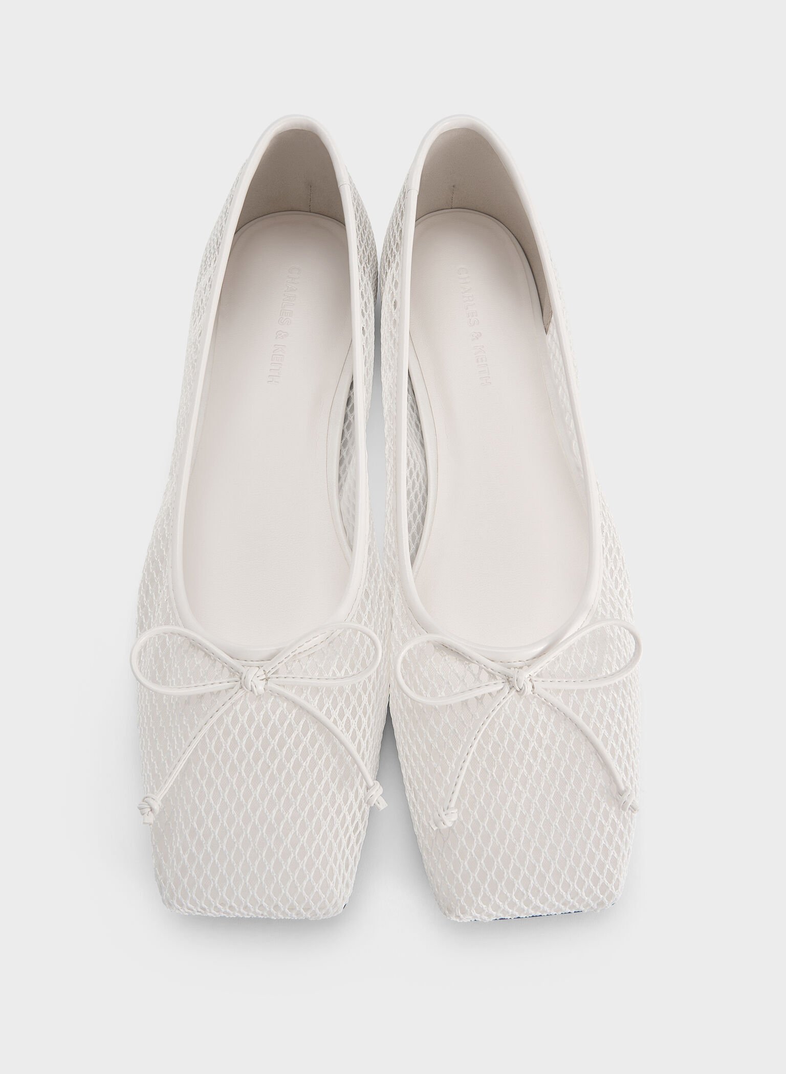 Mesh Square-Toe Bow Ballet Flats, White, hi-res
