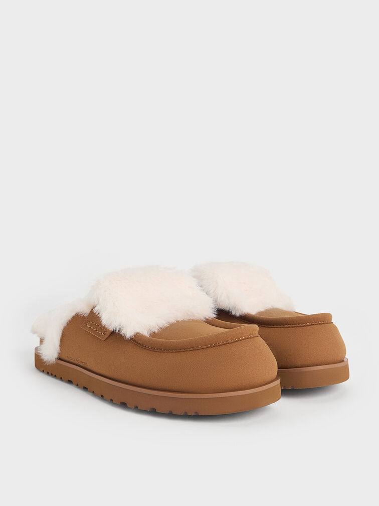 Textured Fur-Trim Flatform Mules, Brown, hi-res