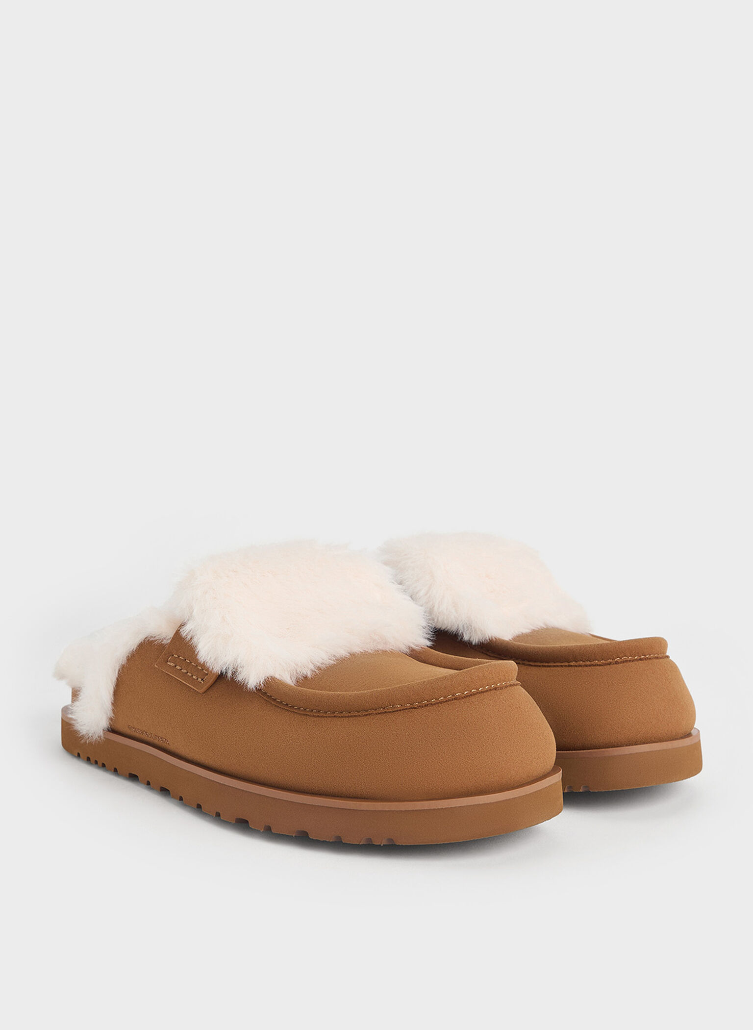 Textured Fur-Trim Flatform Mules, Brown, hi-res