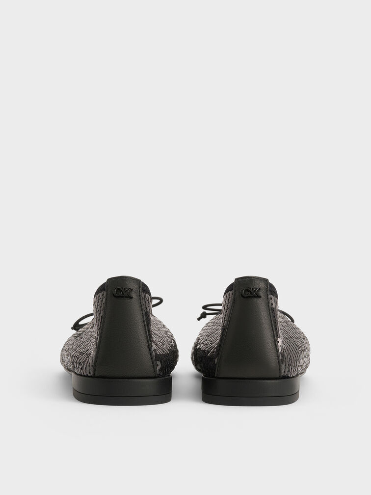 Sequin Mesh & Leather Bow Ballet Flats, Black Textured, hi-res