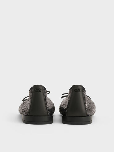Sequin Mesh & Leather Bow Ballet Flats, Black Textured, hi-res