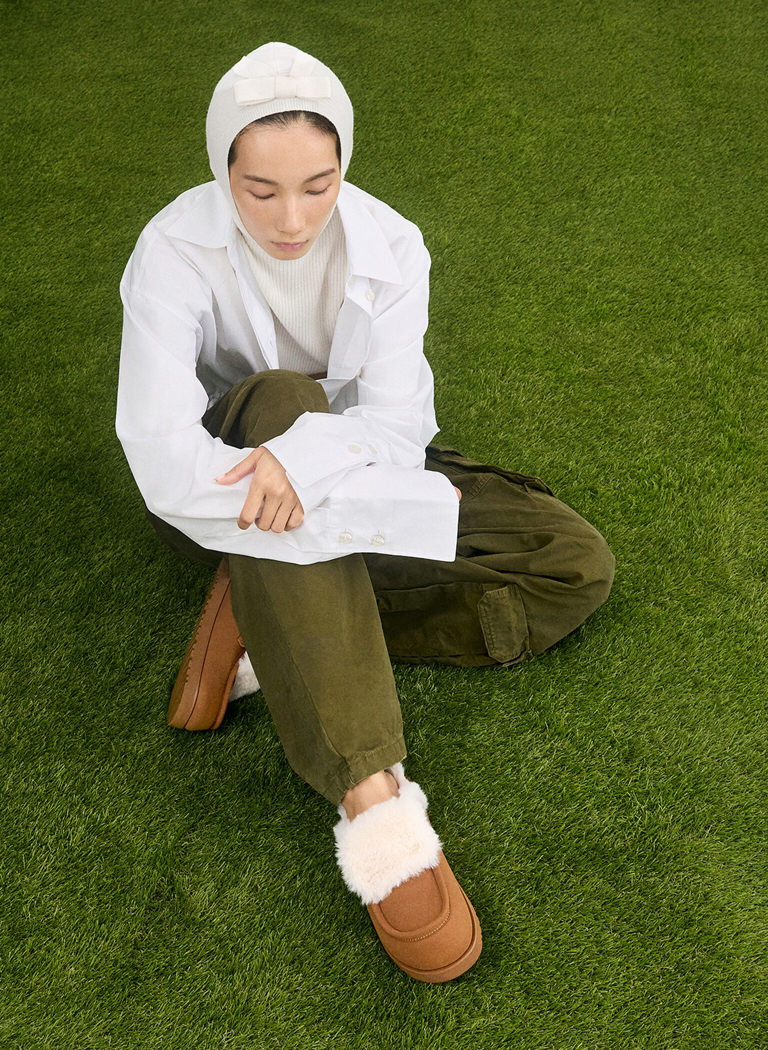 Textured Fur-Trim Flatform Mules, Brown, hi-res