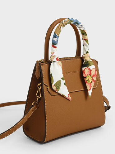 Scarf-Wrapped Top Handle Bag, Camel, hi-res