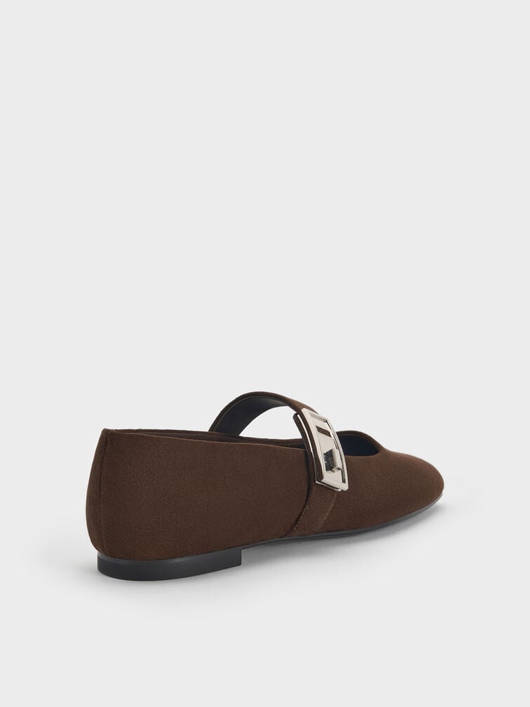 Lando Faux Suede Metallic-Buckle Mary Jane Flats, Dark Brown Textured, hi-res
